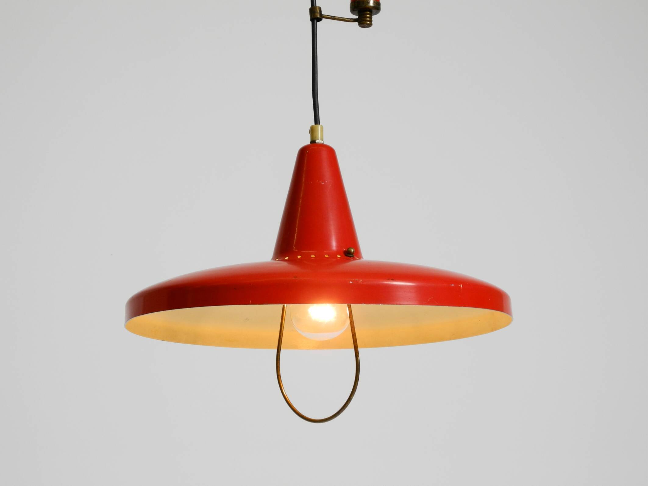 Mid-Century Modern red aluminum pendant lamp, height adjustable, Italy