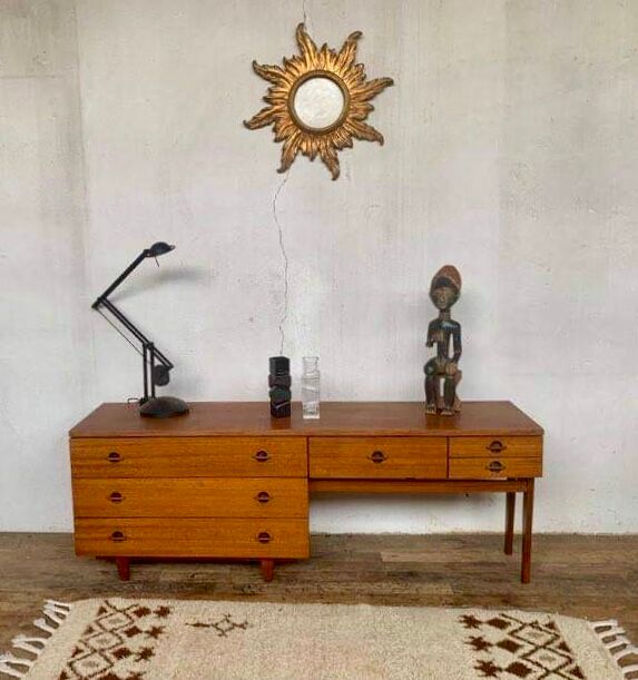 Enfilade teak tv cabinet chest of drawers 6 drawers year 1960 - width 154 cm