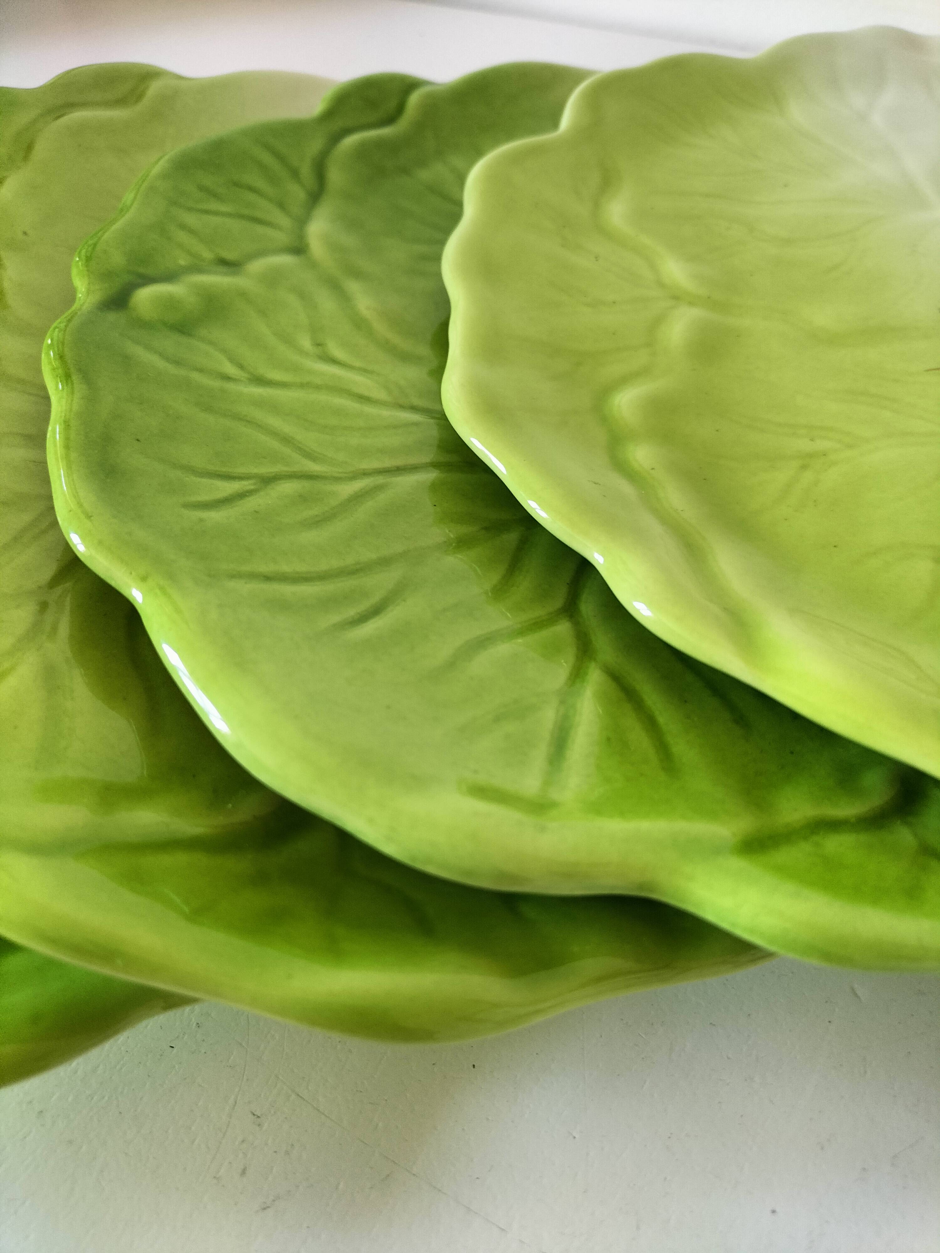 4 hand-decorated earthenware plates with vegetable and green leaf designs.
