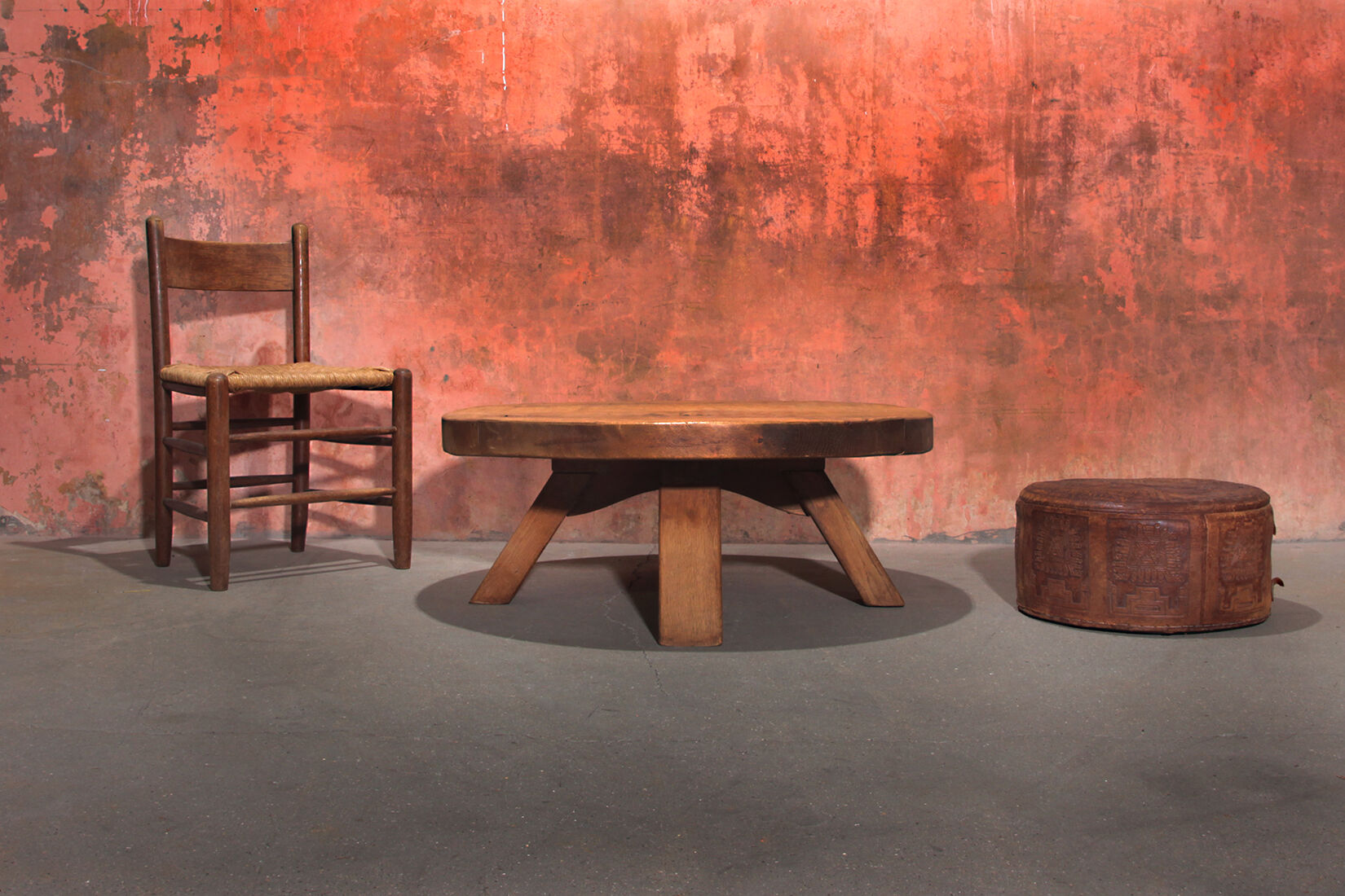 Brutalist Massive Robust Oak Round Coffee Table, 60s