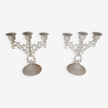 Paire de bougeoirs chandeliers 3 feux patine lin
