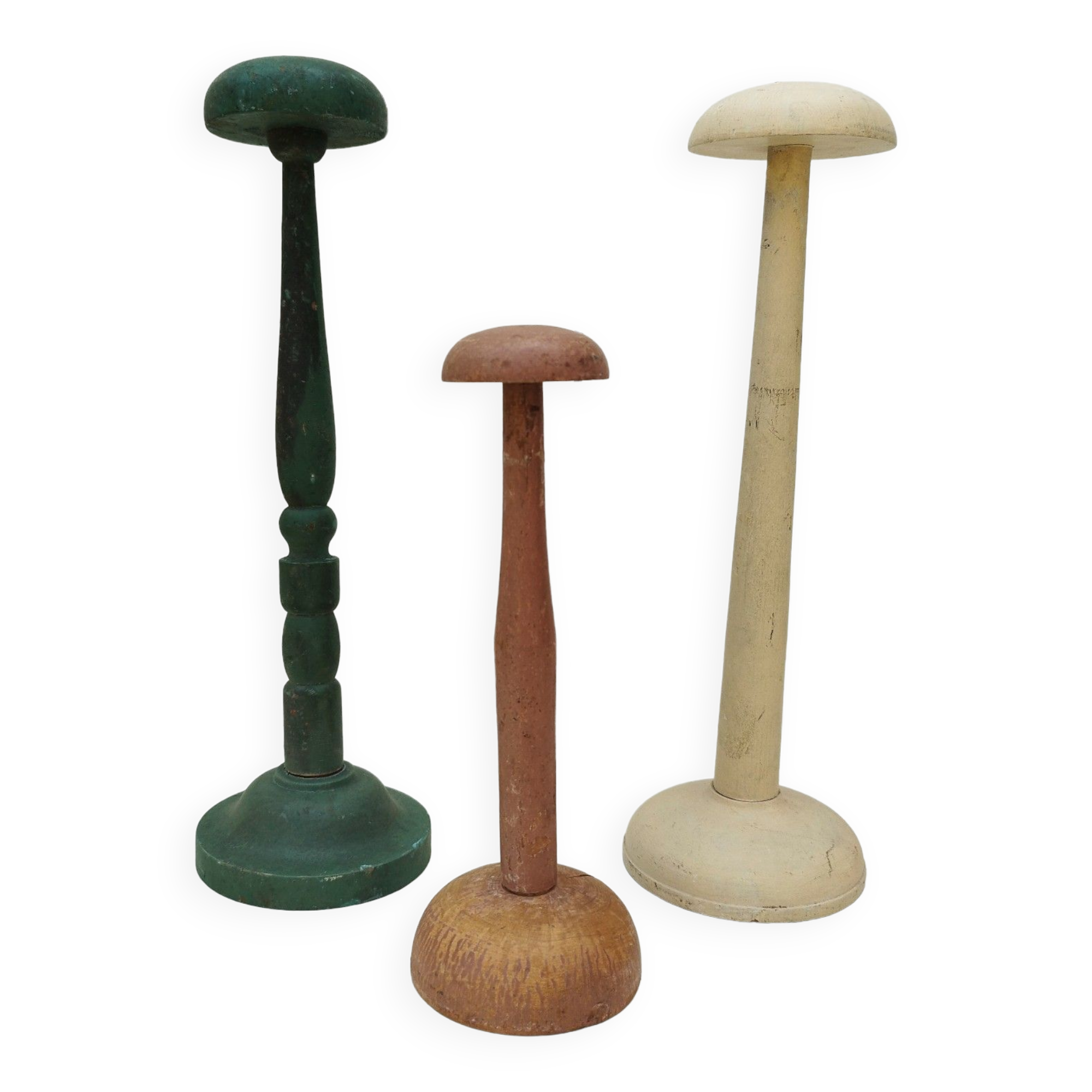 Three vintage wooden hat holders milliner