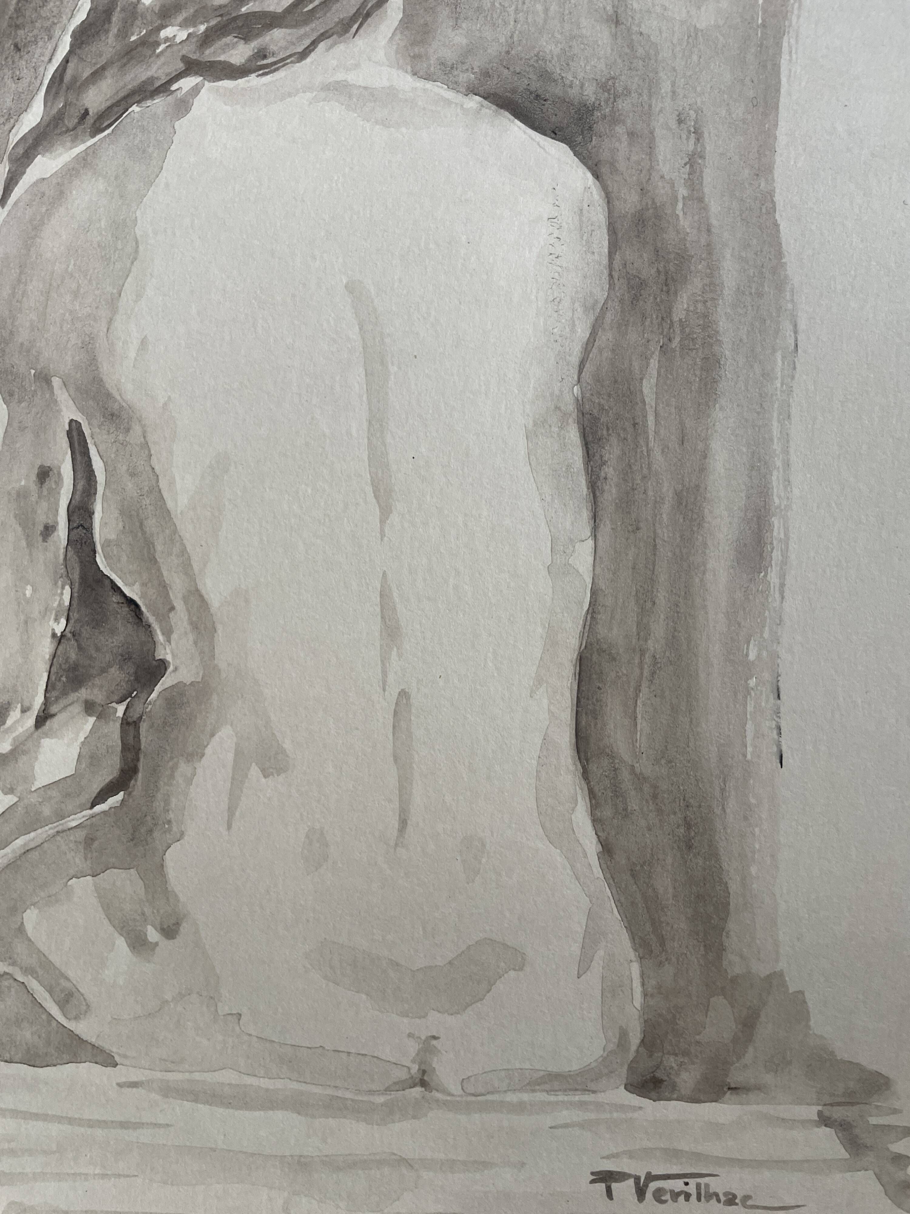 Painting signed watercolor monochrome sepia female nude portrait seated from behind