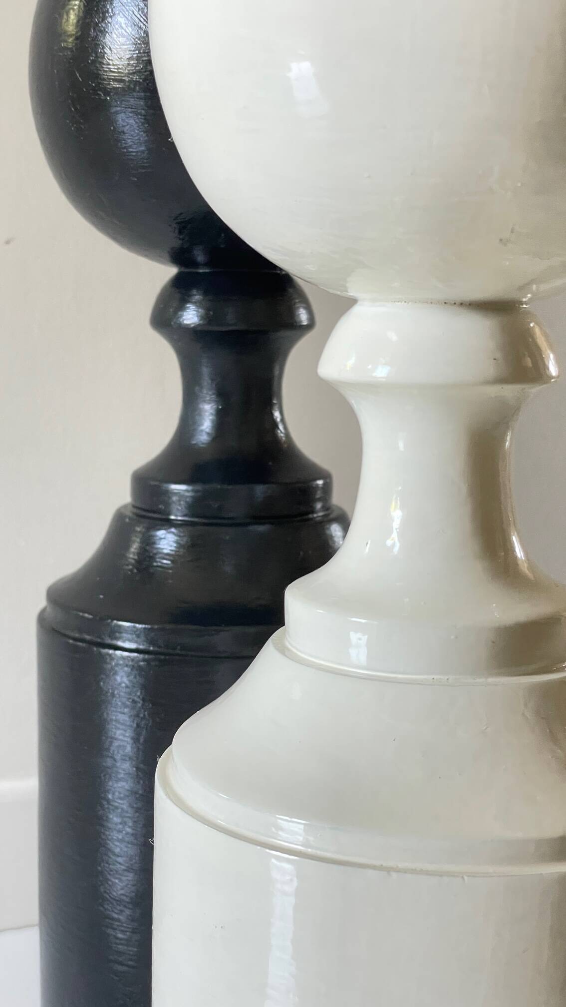 2 large black and white turned wood vintage lamp bases.