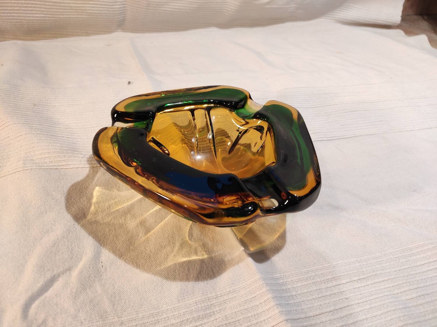 Murano green and yellow blown glass ashtray, 1970