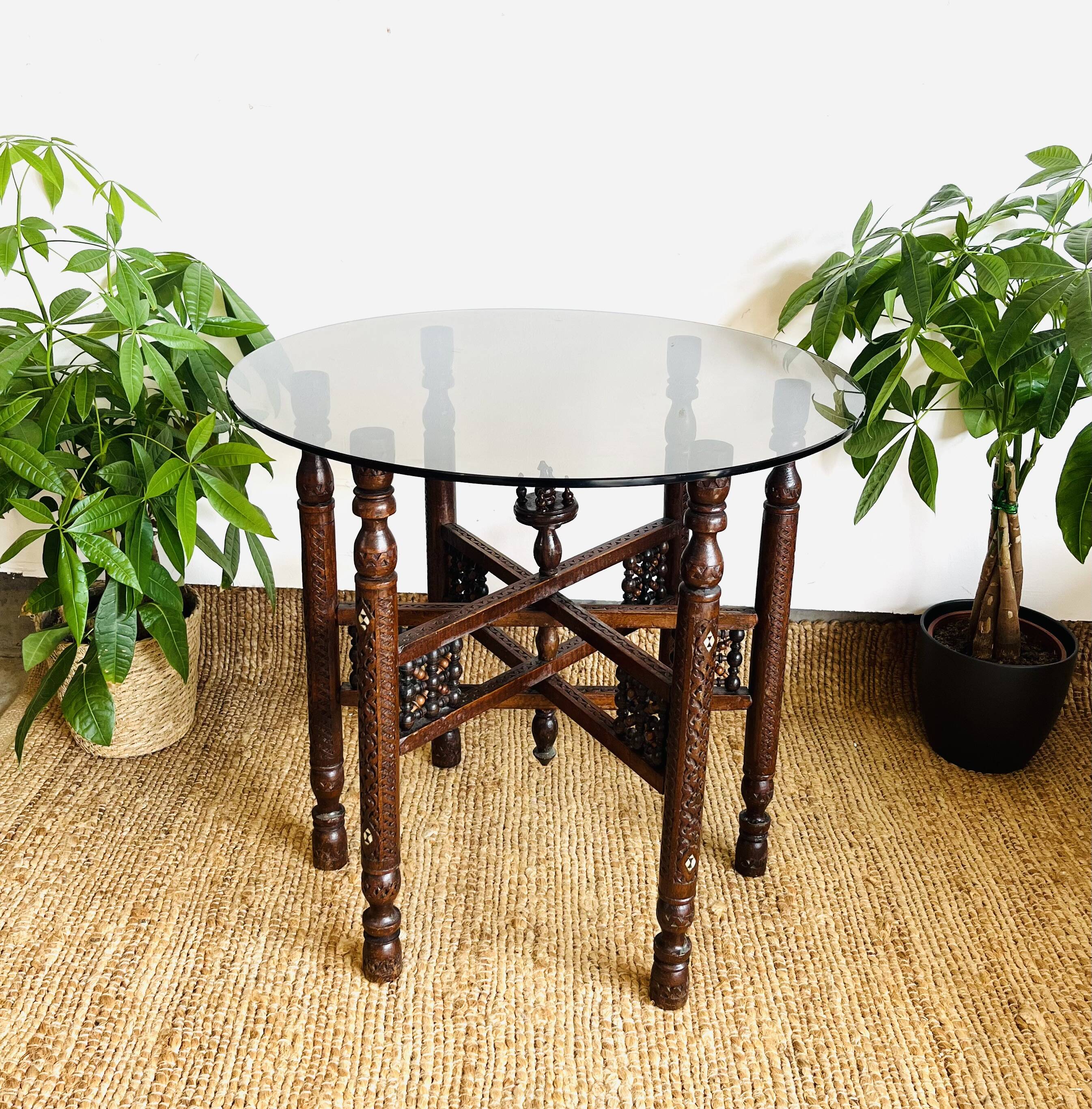 Moroccan hexagonal carved wood side table with glass top