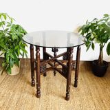 Moroccan hexagonal carved wood side table with glass top