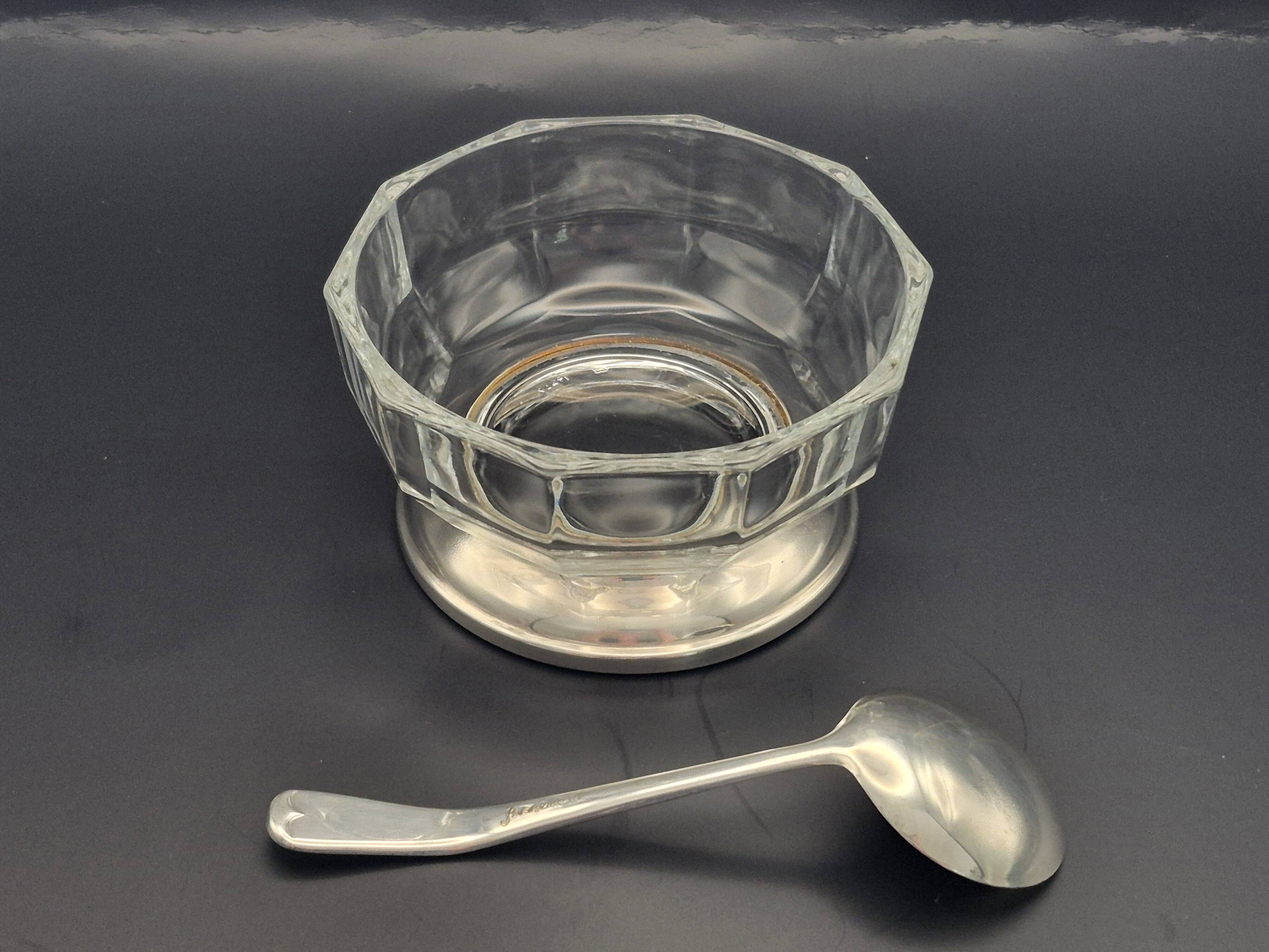 Art Deco thick crystal/glass bowl, silver-plated metal pedestal.