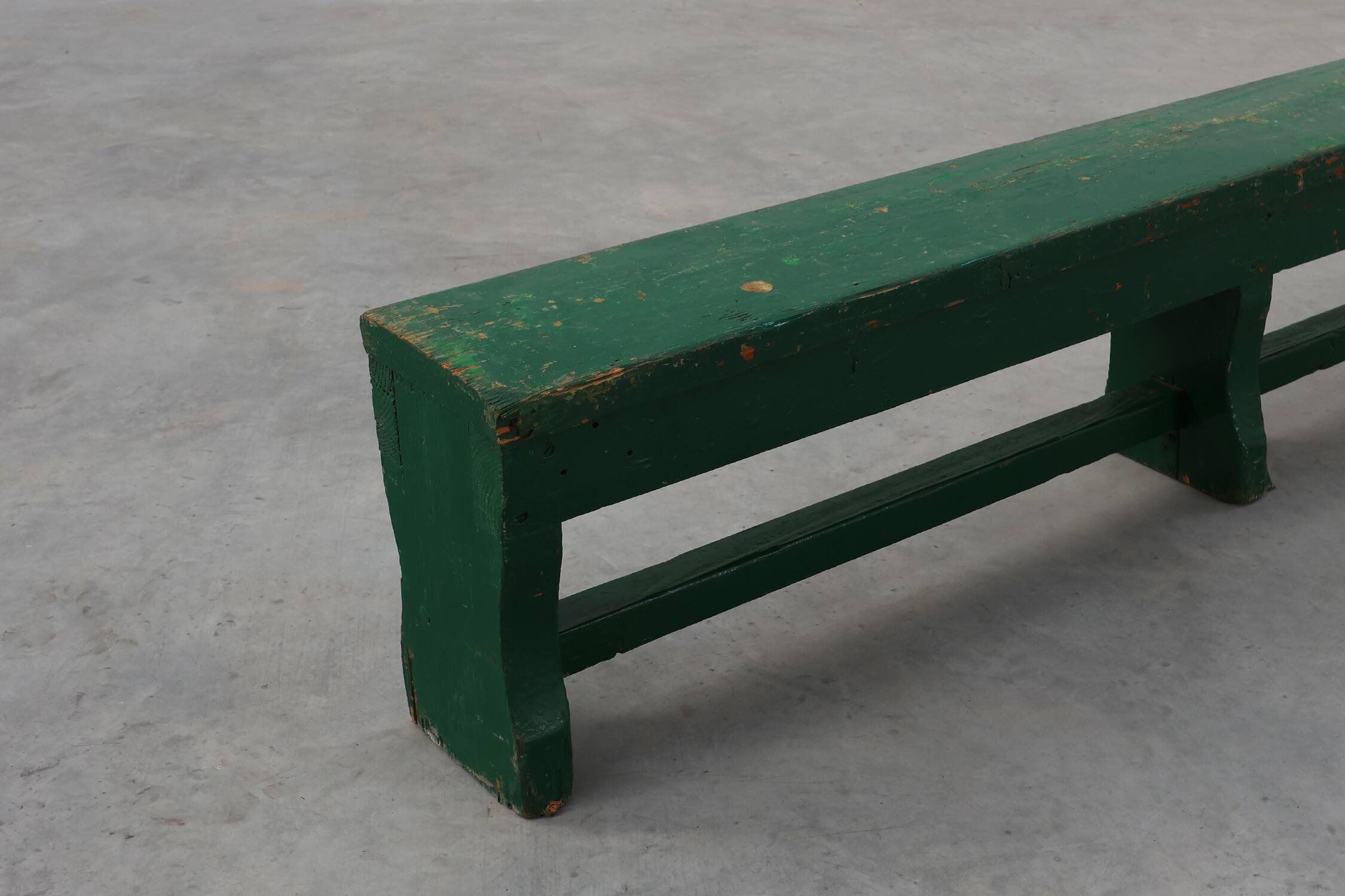 Rustic primitive green farmhouse bench in solid oak, France ca. 1900