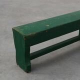 Rustic primitive green farmhouse bench in solid oak, France ca. 1900