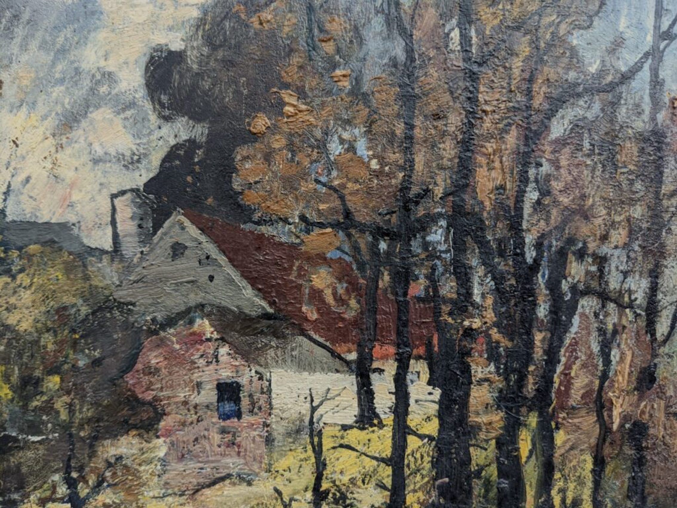 Mid-Century Modern "Cottage in the Forest" Swedish Vintage Expressionist Landscape Oil Painting, Fra