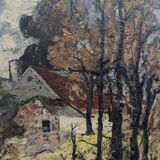 Mid-Century Modern "Cottage in the Forest" Swedish Vintage Expressionist Landscape Oil Painting, Fra