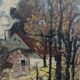 Peinture à l’huile, milieu du siècle moderne « chalet dans la forêt » suédois vintage expressionniste paysage