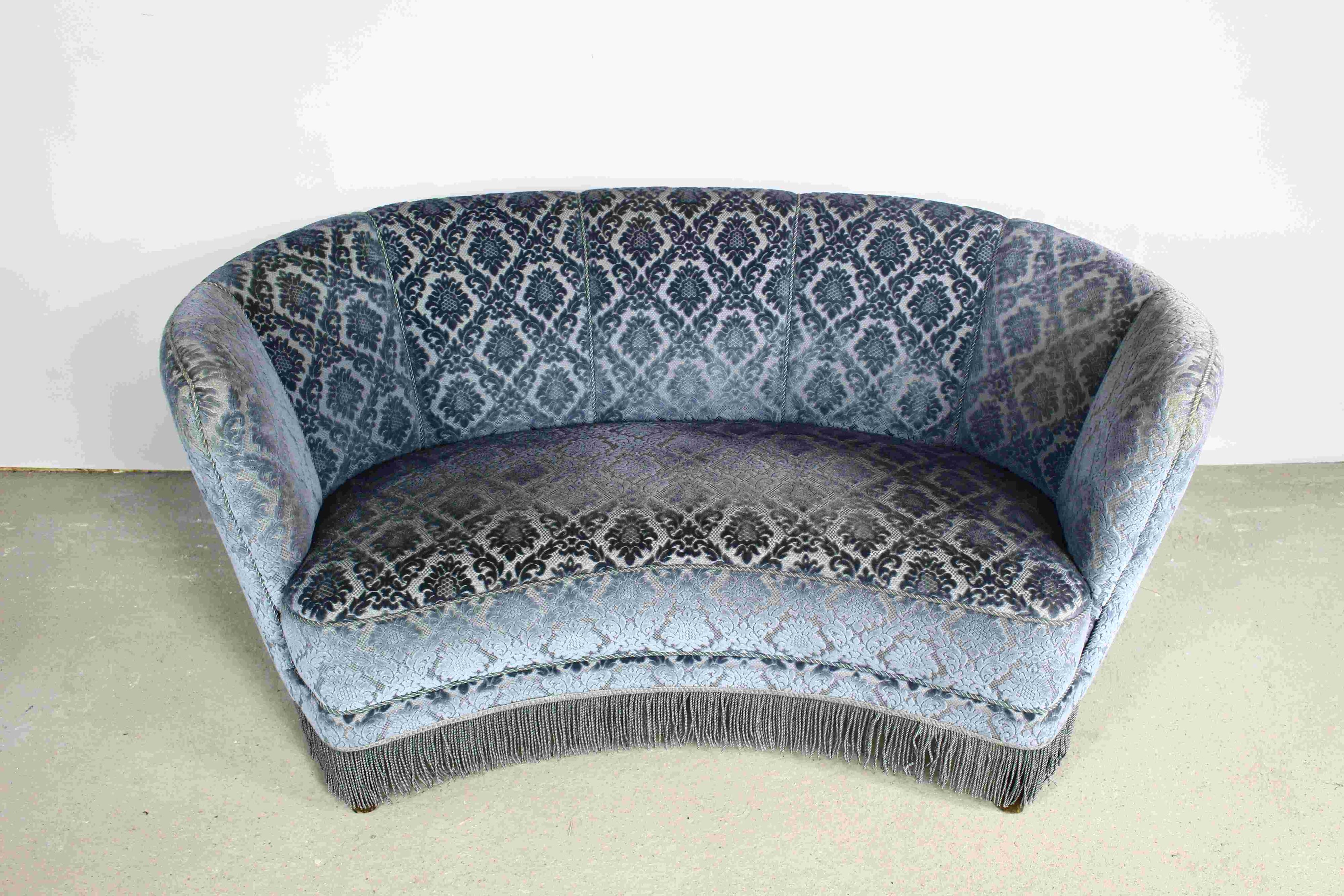 Art deco blue velvet banana sofa, denmark 1950s