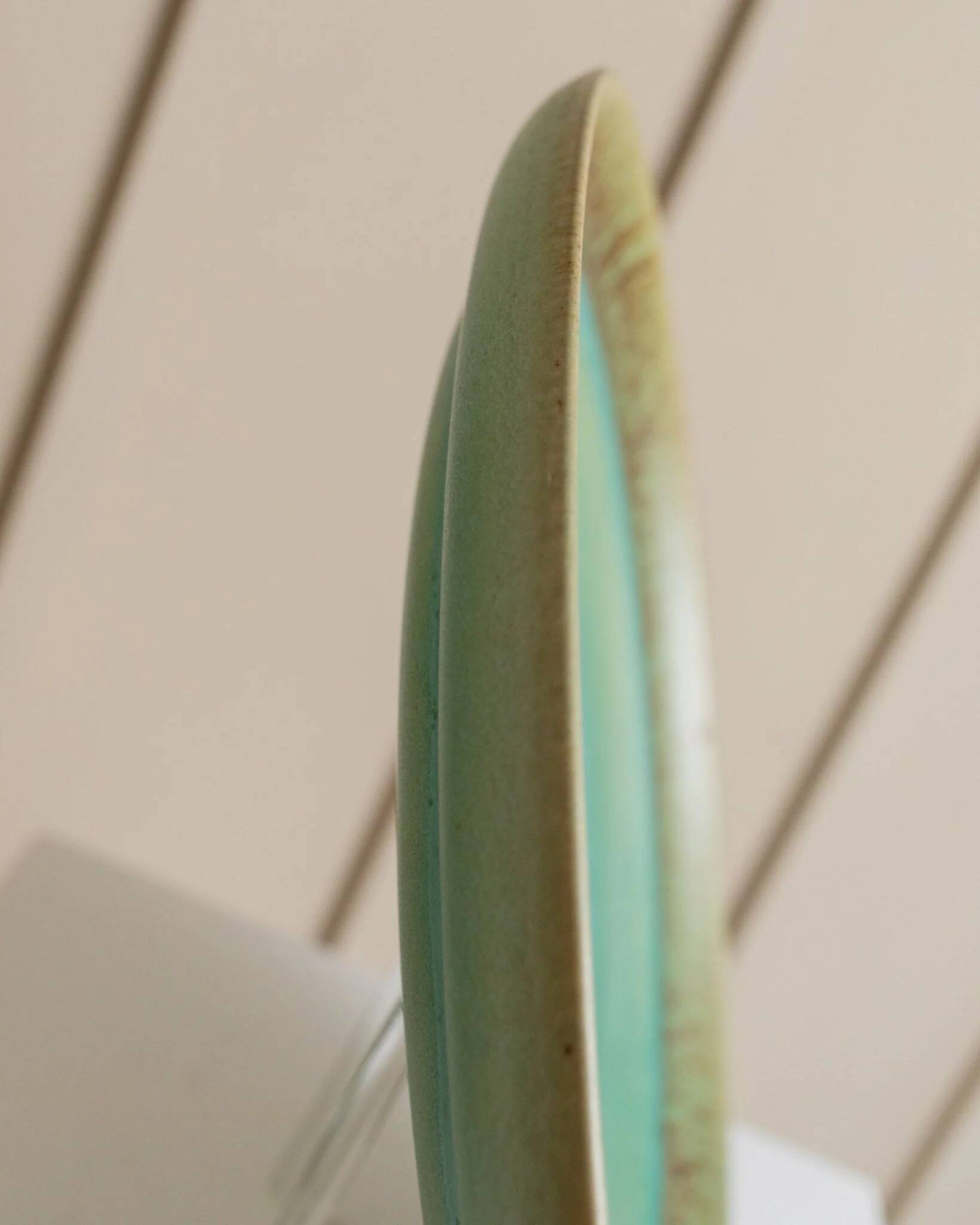 Green Turquoise Gradient Ceramic Bowl with Organic Shape, Large Danish Studio Piece, 1970s