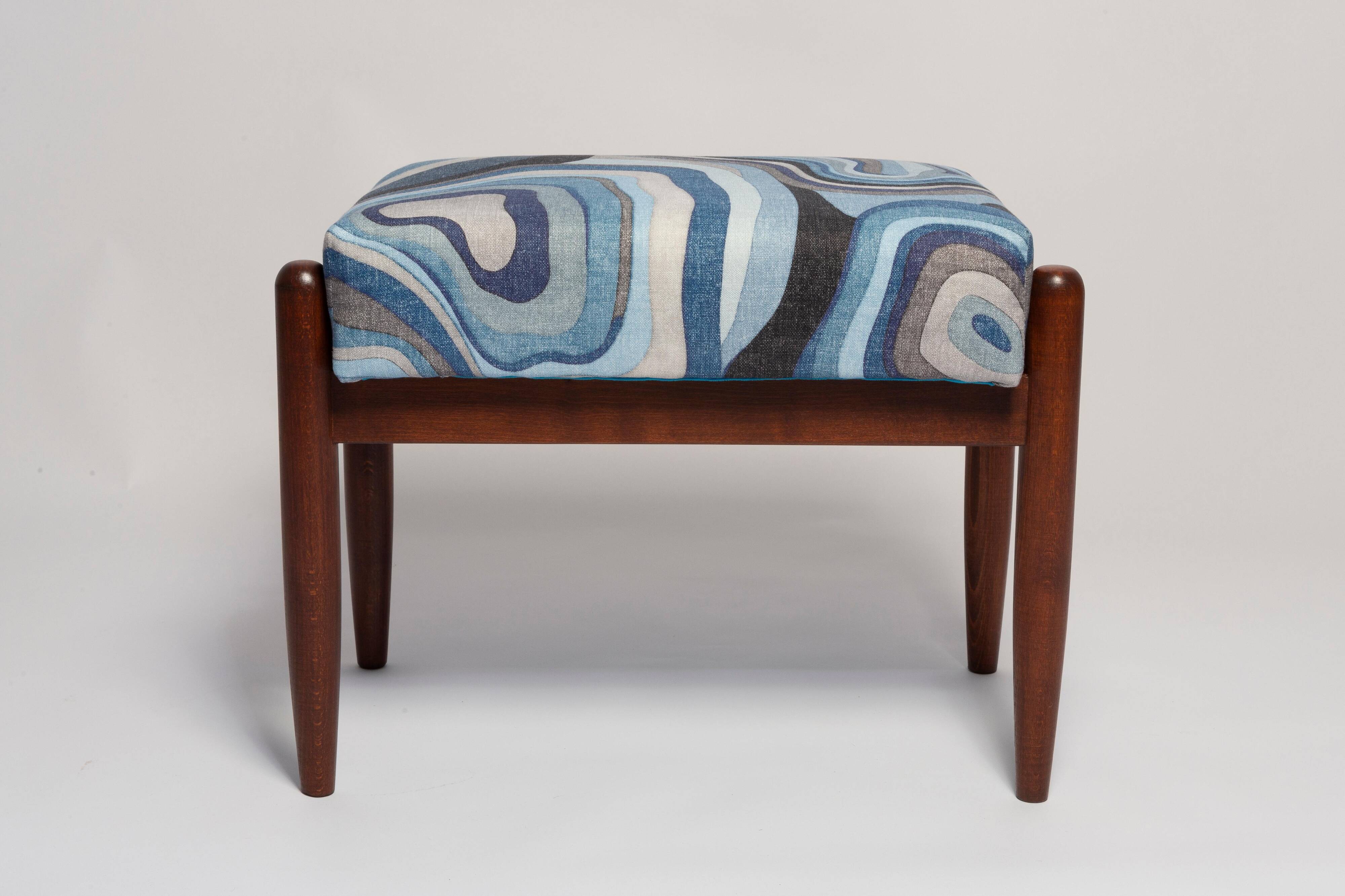 Set of two GFM stools in blue linen, mid-century style, Edmund Homa, Europe, 1960s.