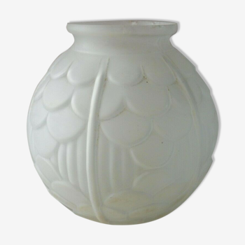 Old vase in frosted glass paste, scale decoration, Made in France, art deco
