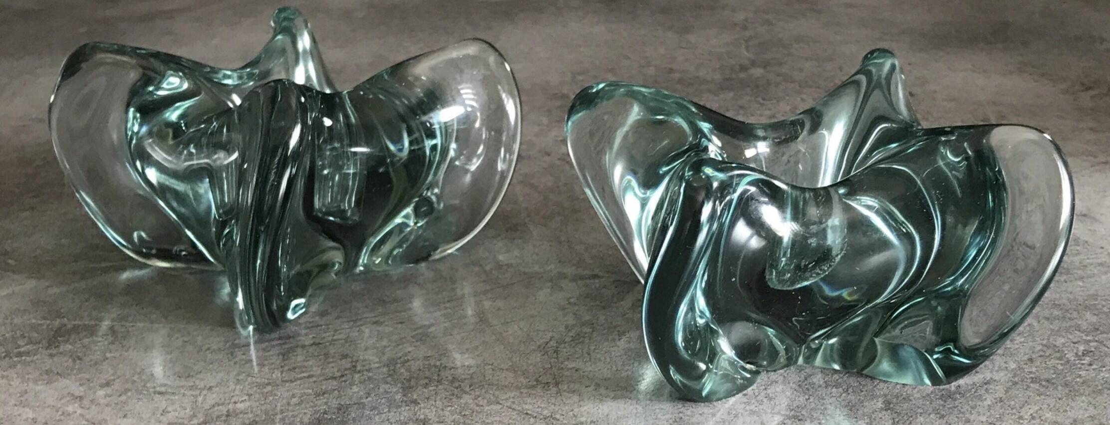 Pair of vintage blue/green tinted glass candlesticks from the 70s