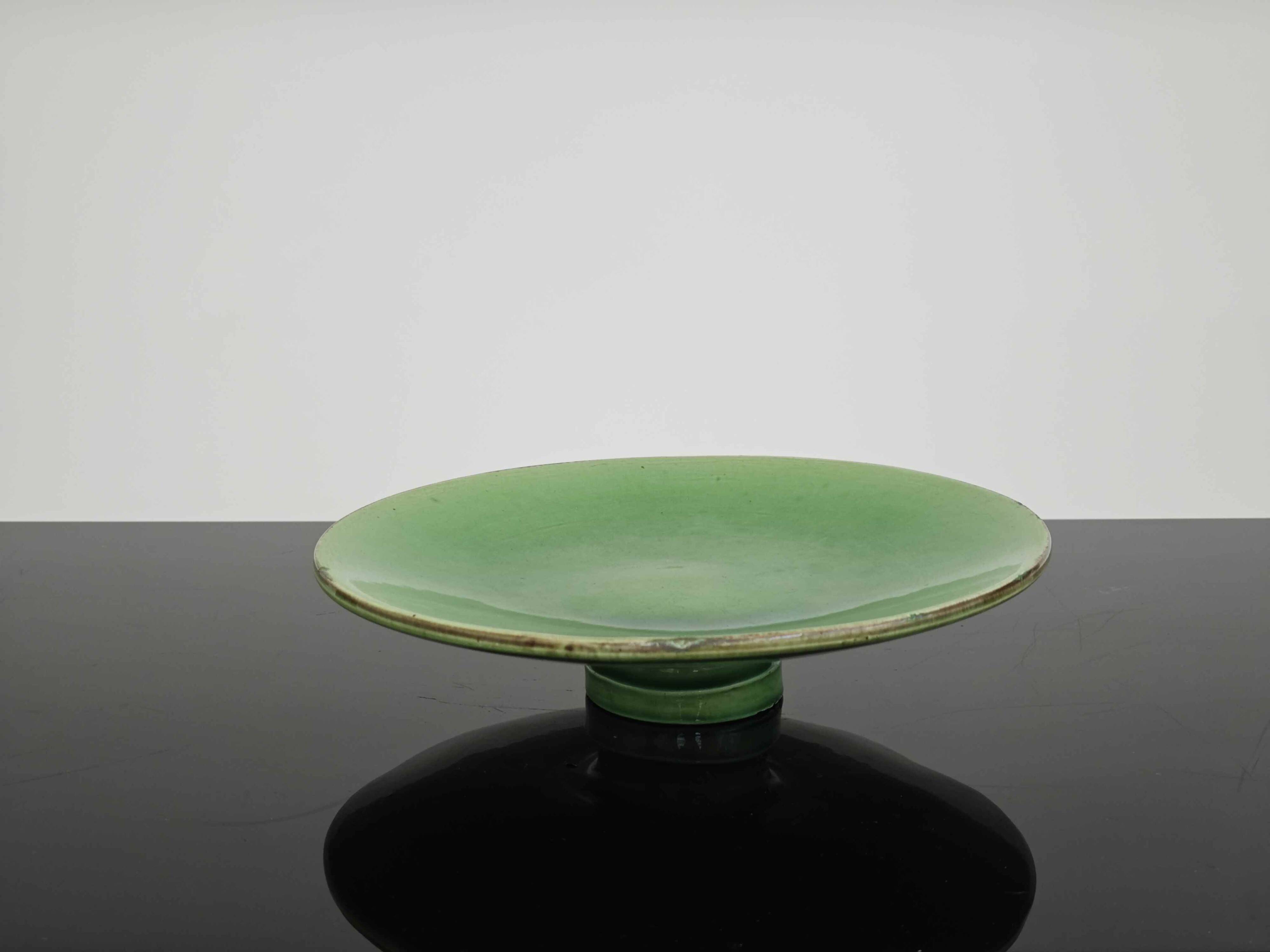 Vintage 50s-60s dish in green enamelled terracotta