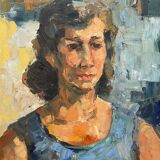 Painting on canvas, woman portrait wearing a blue dress 1940