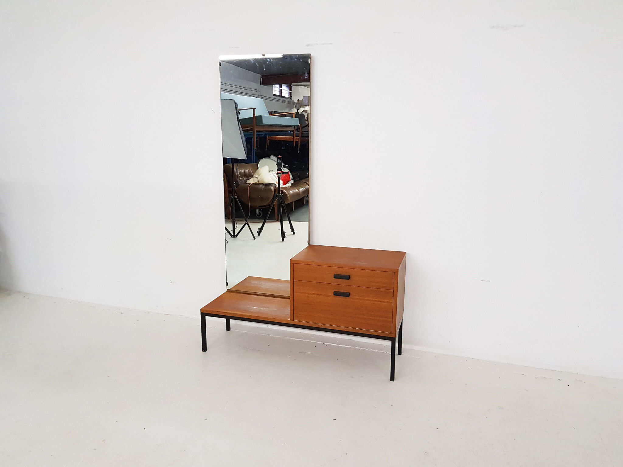Mid-century teak hall way cabinet with mirror, The Netherlands 1950's
