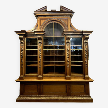 Castle library with projection in walnut and gilded wood circa 1880-1900