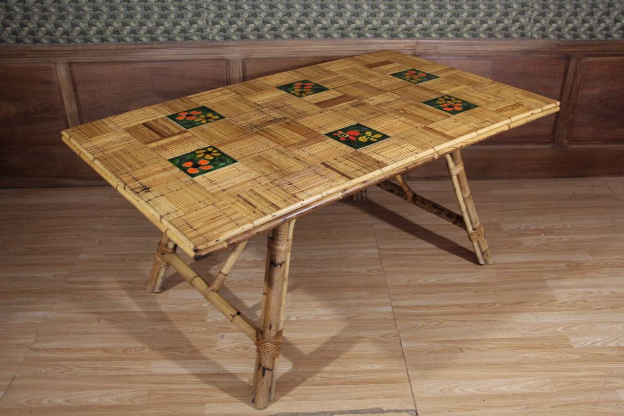 Rattan And Ceramic Dining Room Table Audoux Minnet attribution