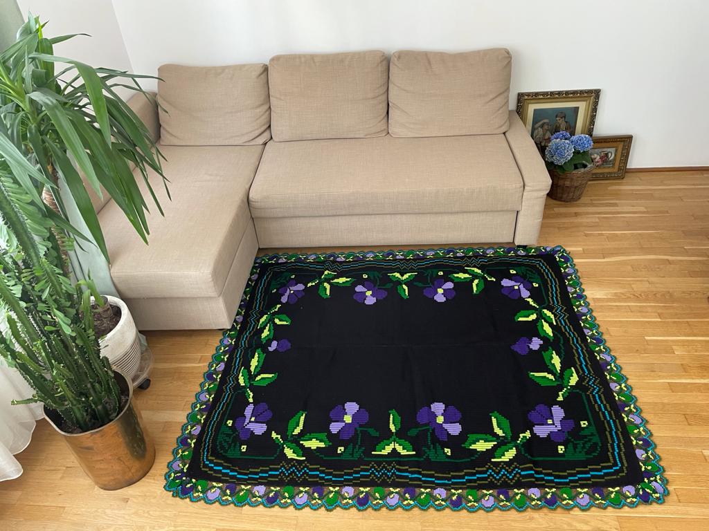 Floral handmade vintage rug, purple floral design with crochet border 145x174cm