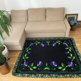 Floral handmade vintage rug, purple floral design with crochet border 145x174cm