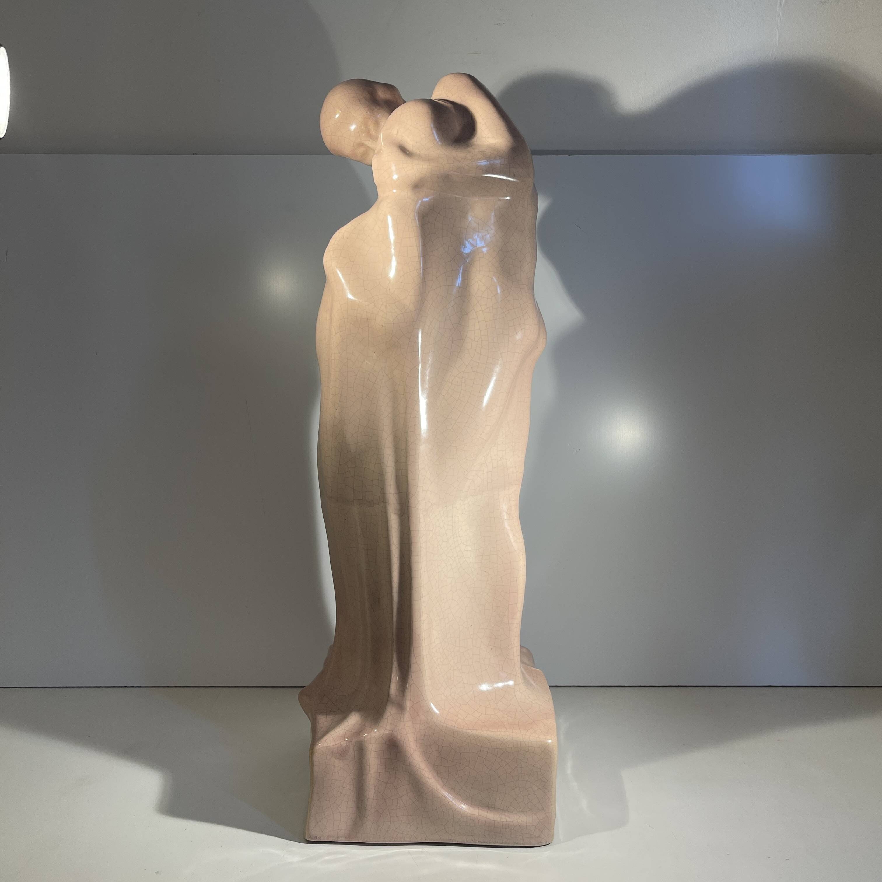 'The Kiss' sculpture by CRIS AGTERBERG, crackled ceramic, Art Deco, ca 1940