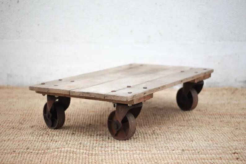 Vintage trolley coffee table, industrial wooden table on wheels, decor.