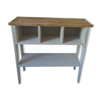 Furniture, vintage craft console in pitch pine sublimated in a linen shade.
