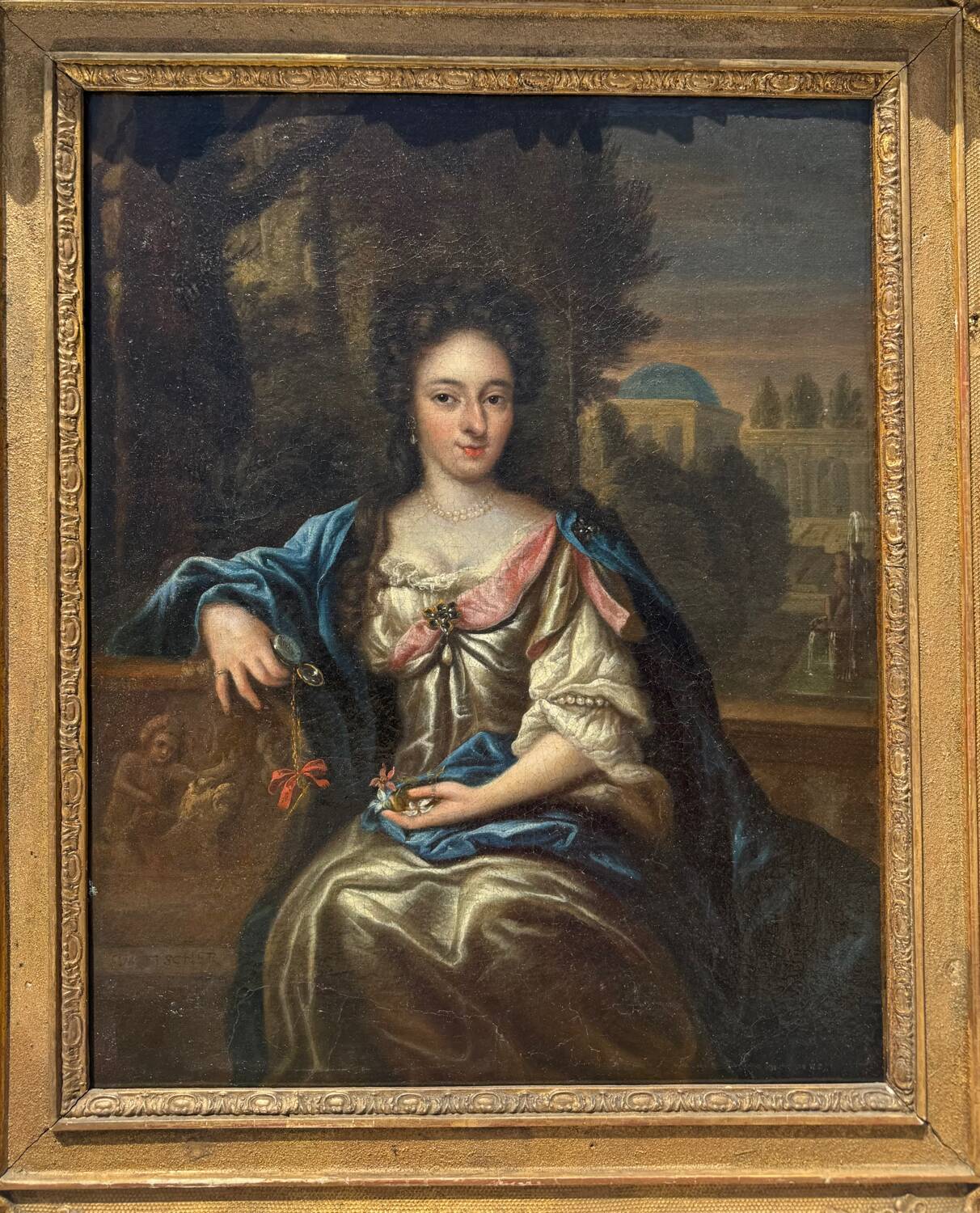 Antique painting, portrait of a gallant woman signed early 18th century