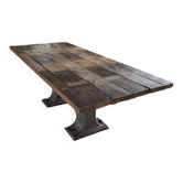 Grande table de métier en bois ancien et fonte - 220 x 95cm