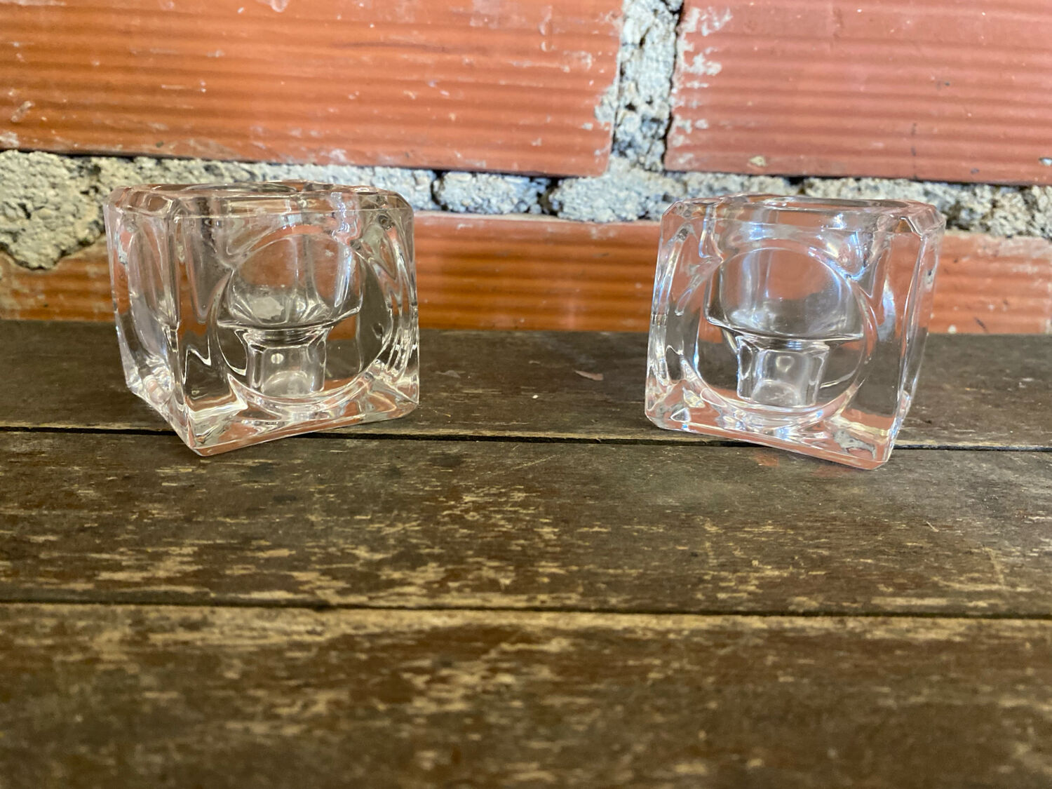 Pair of Modernist Cube Design Candle Holders Moulded Glass 1970s Vintage