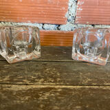 Pair of Modernist Cube Design Candle Holders Moulded Glass 1970s Vintage
