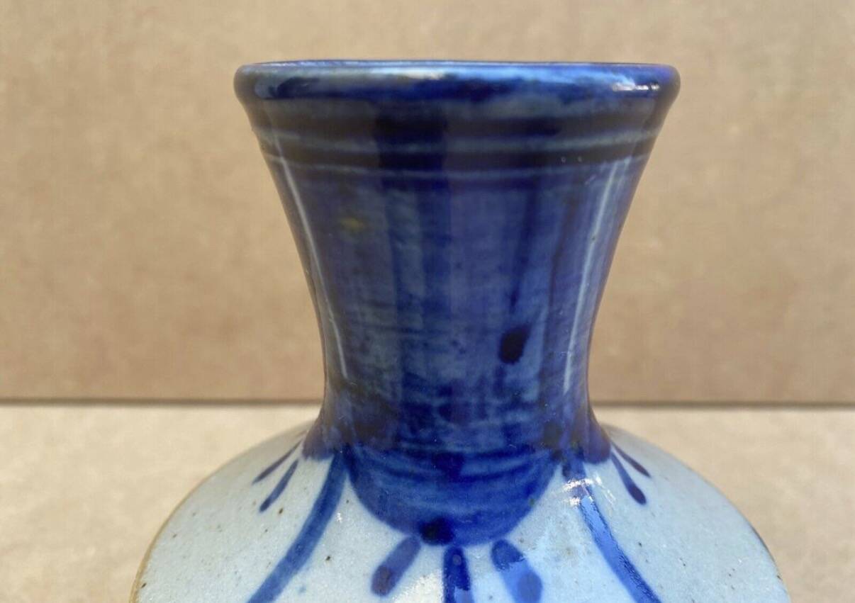 Glazed ceramic vase by Marcel Noverraz, signed, with vintage blue decoration.