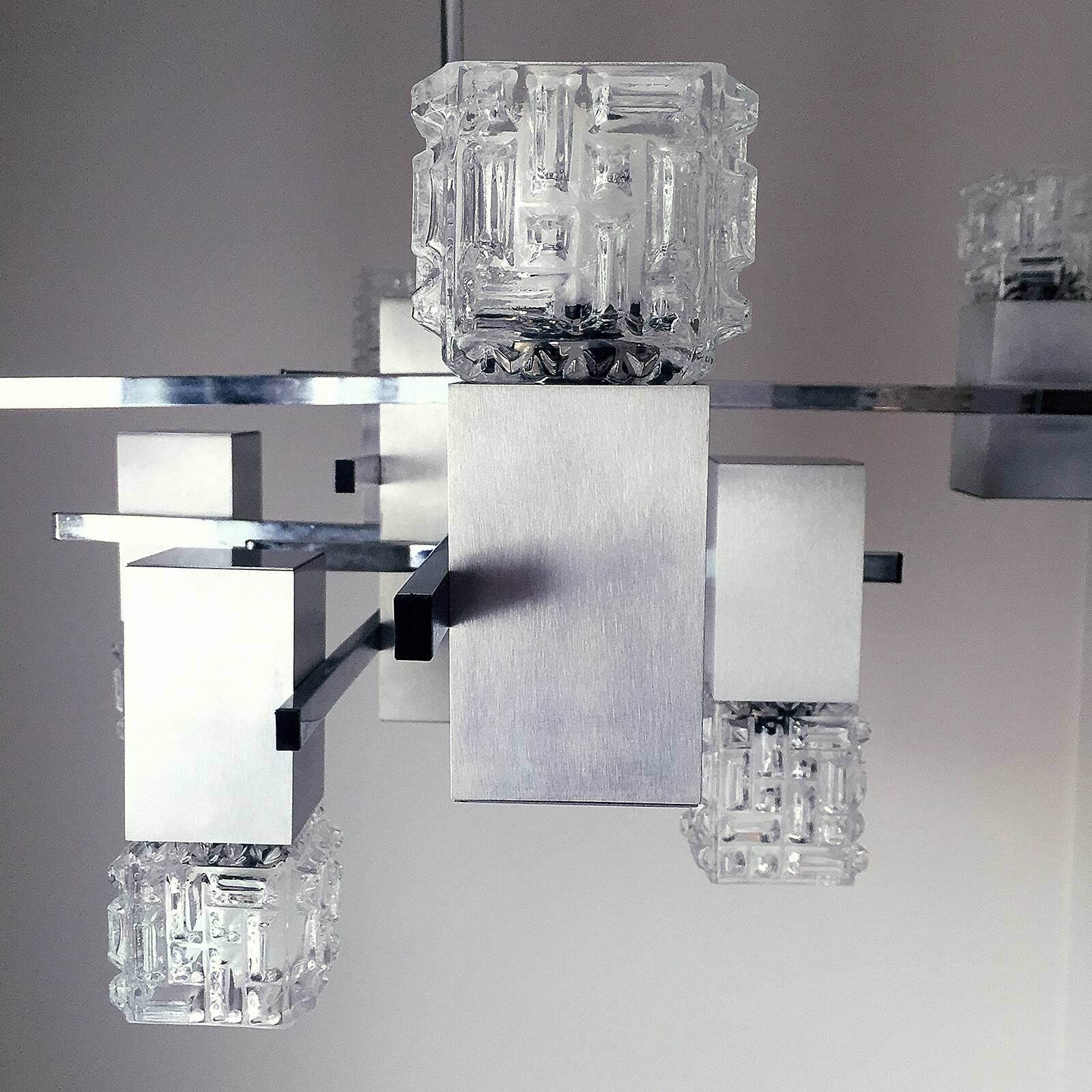 Sciolari chrome, stainless steel and structured glass chandelier