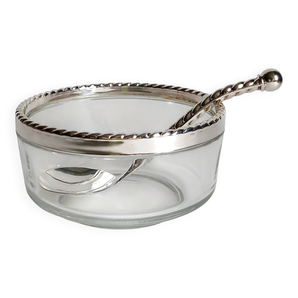 Bol à caviar & sa cuillère Bormioli Rocco verre & métal argenté, Italie 80'