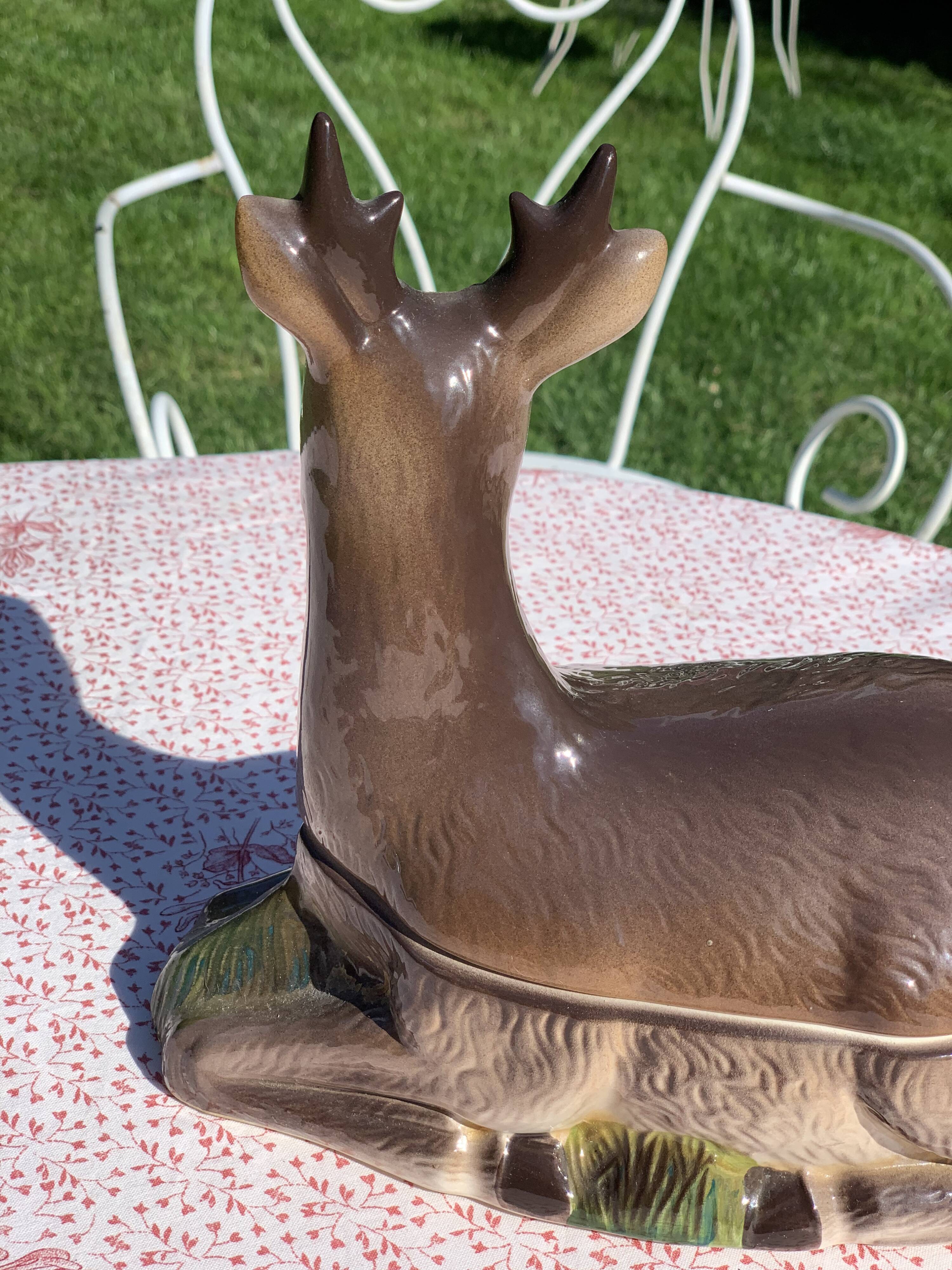 Ancient zoomorphic terrine in the shape of a deer, enamelled earthenware, Caugant