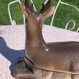 Ancient zoomorphic terrine in the shape of a deer, enamelled earthenware, Caugant
