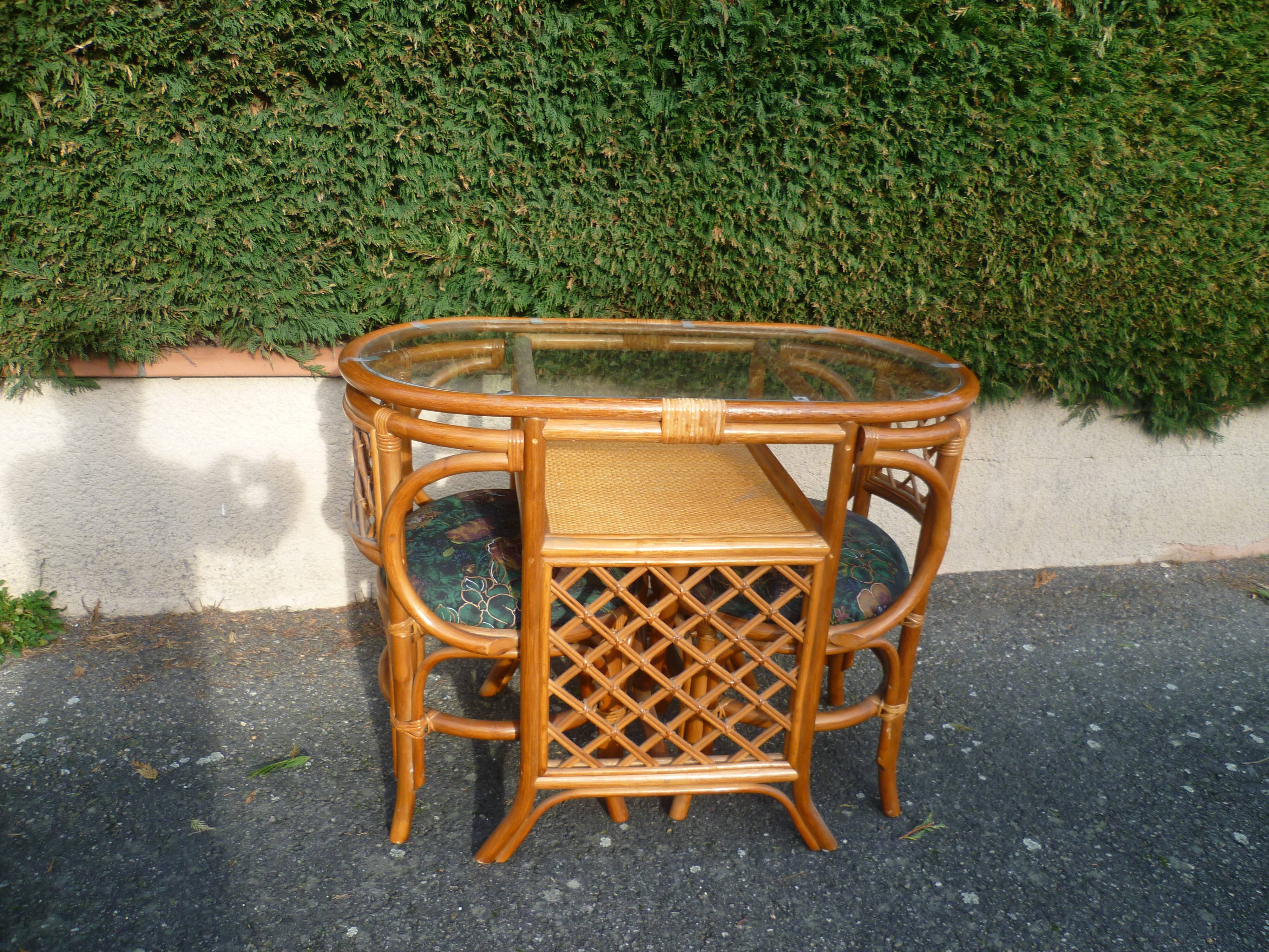 Rattan set table + 2 vintage armchairs 1980