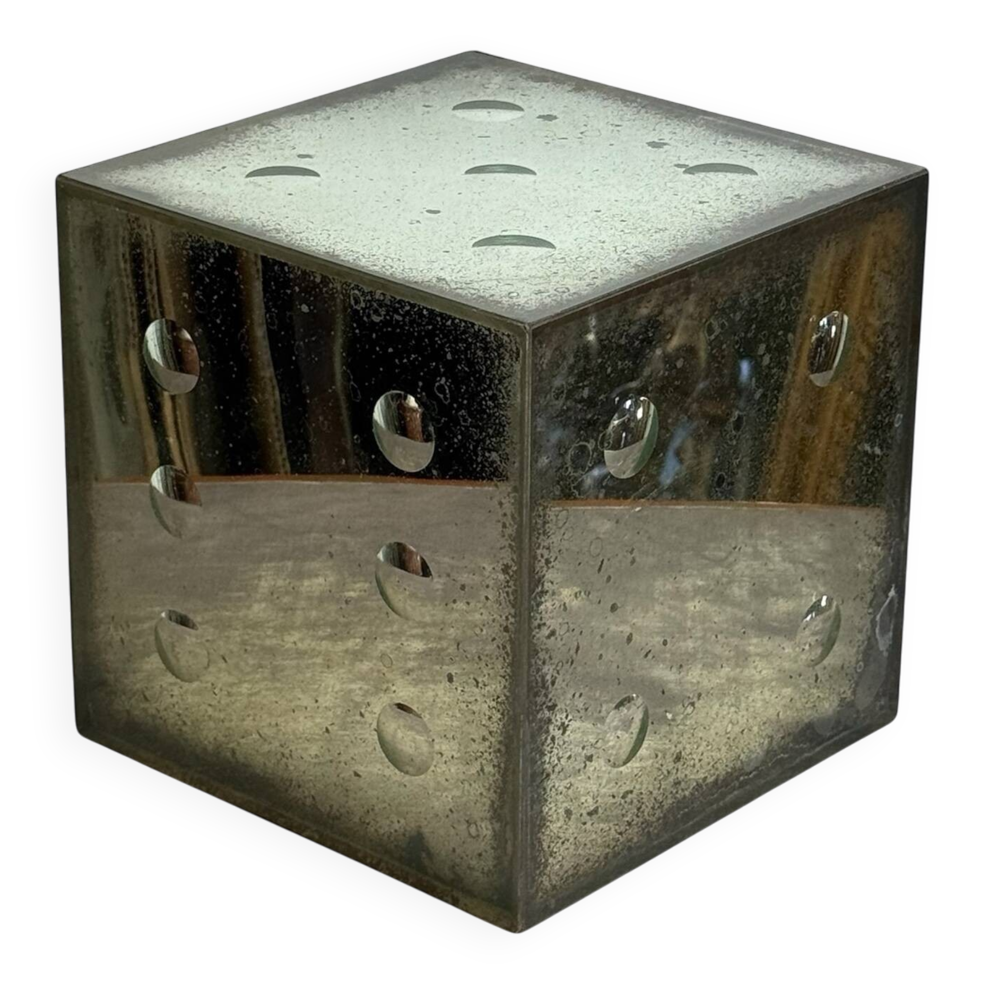 Large aged glass dice from the 70s with bubble shaped numbers
