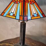 old art nouveau lamp, edgar brandt, tiffany style lampshade 37x28