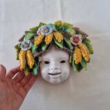 Vintage Italian ceramic wall mask, handmade, decorated with floral details