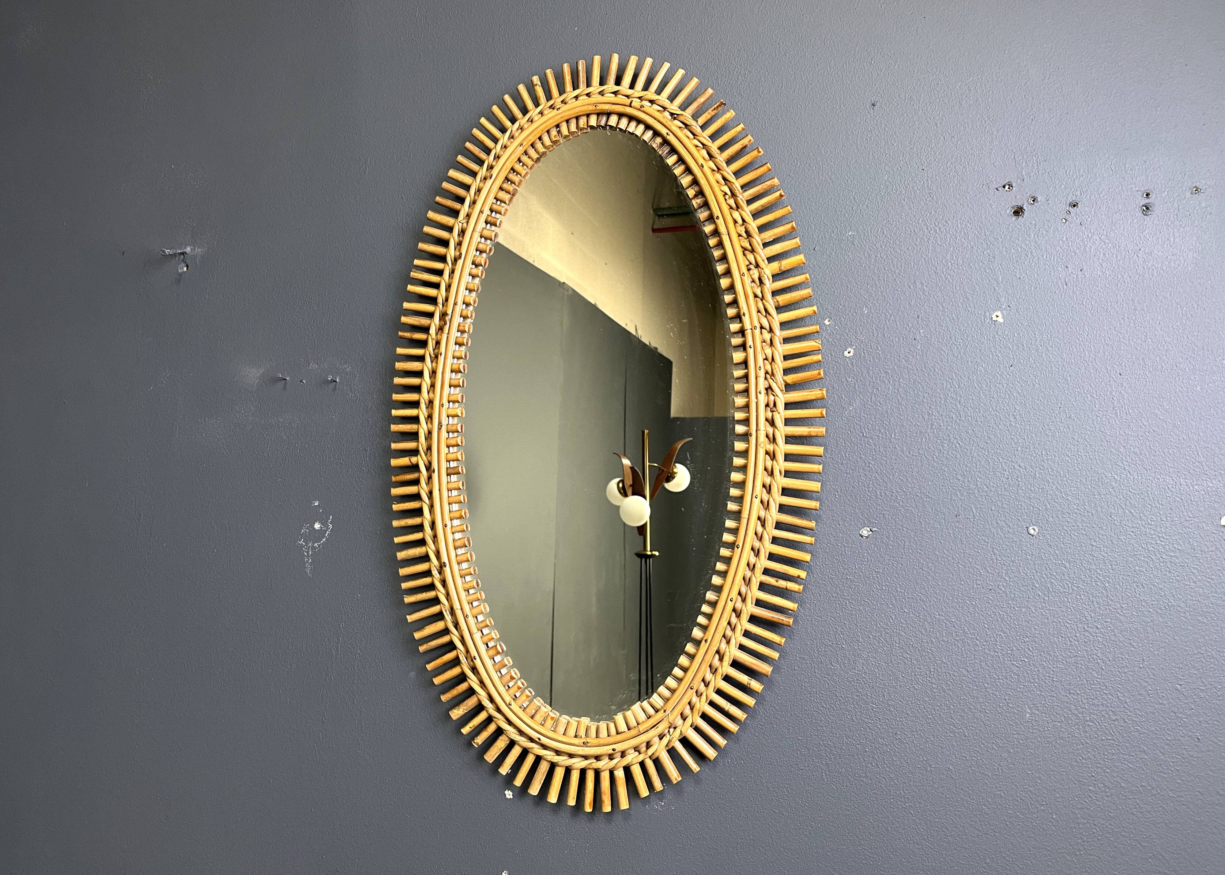 Miroir en bambou italien du milieu du siècle, années 1960