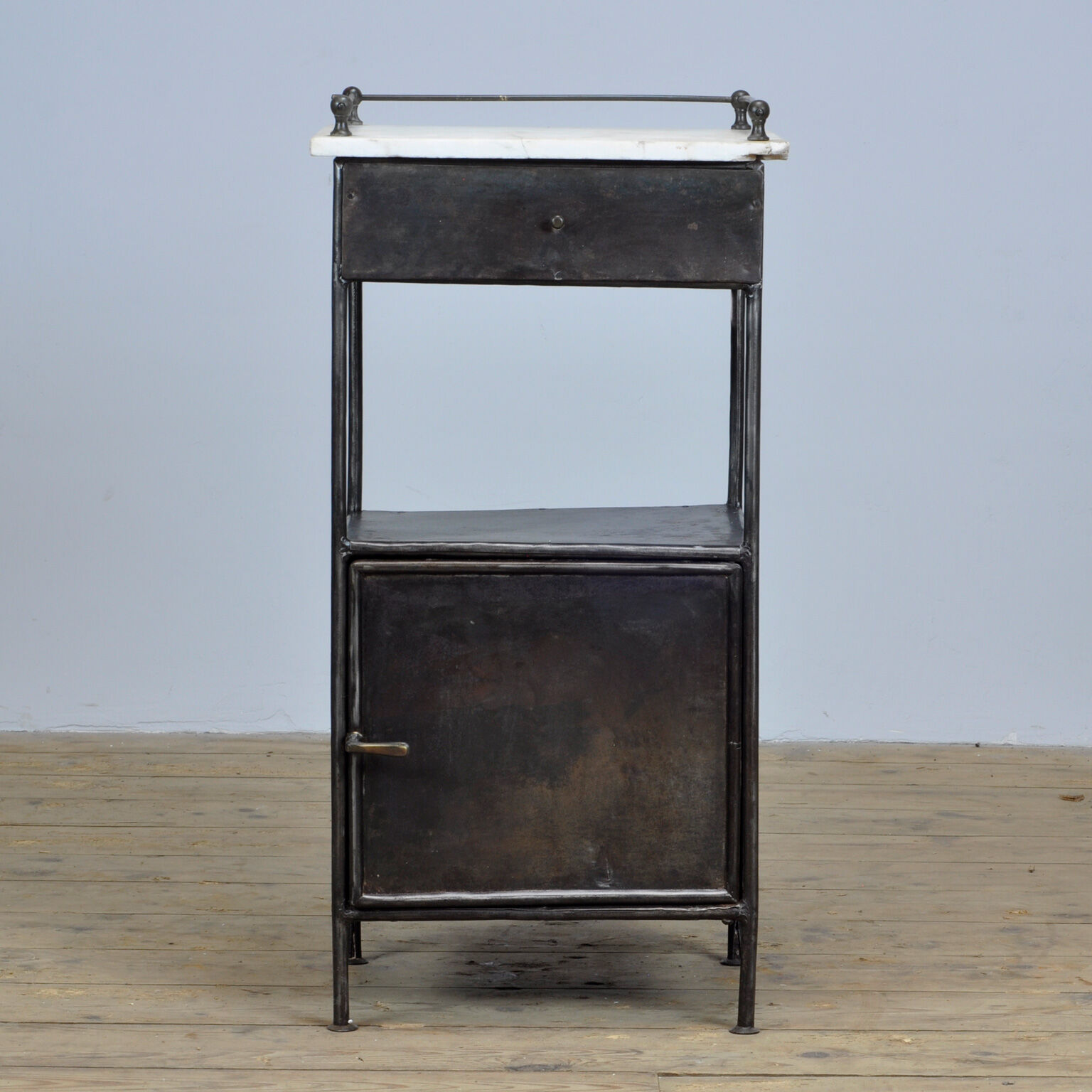 Steel hospital bedside cabinet with a marble top, 1920's