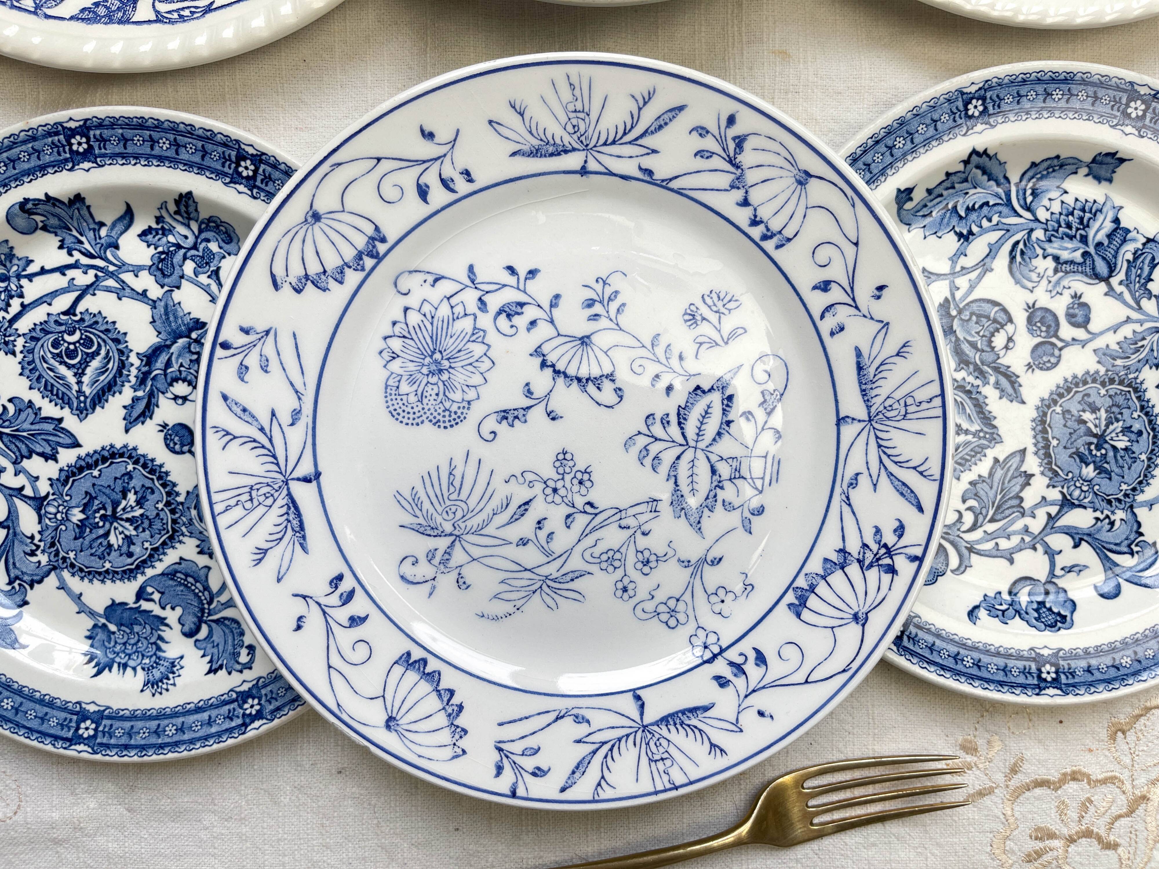 6 Vintage White Porcelain Plates with Gold Trim + 6 Small Mismatched Blue Jacobean Plates