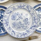 6 Vintage White Porcelain Plates with Gold Trim + 6 Small Mismatched Blue Jacobean Plates