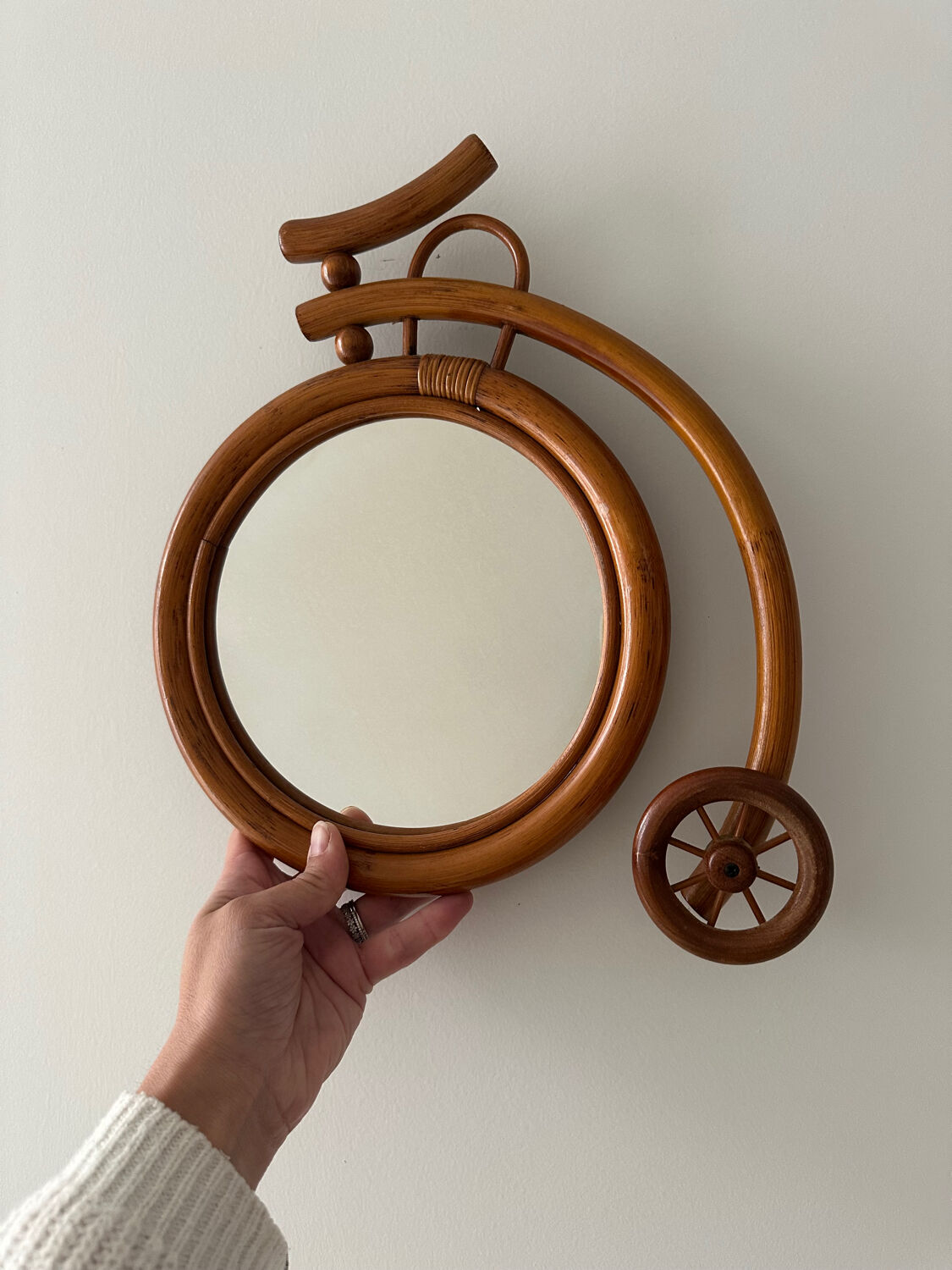 Rare wall mirror bicycle made of bamboo and rattan from the 1960s.